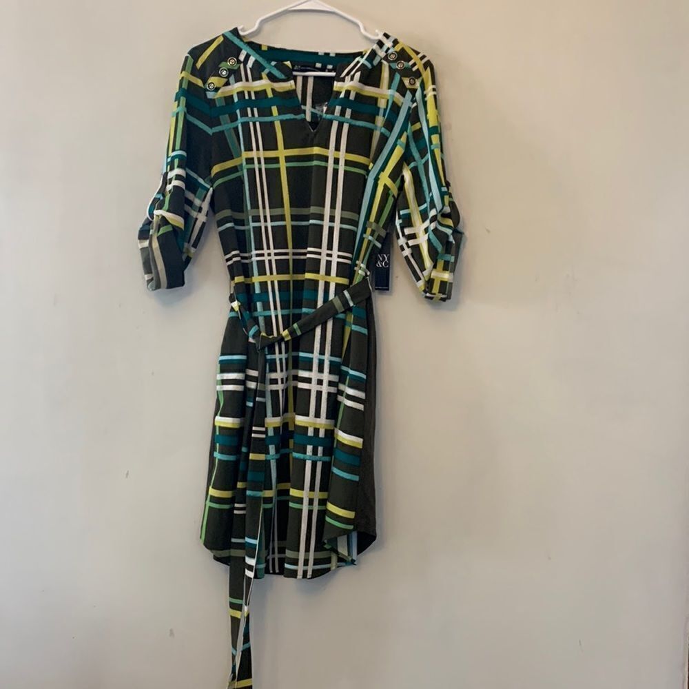 NY & C green checked tie waist rollable sleeve dress Size M NWT